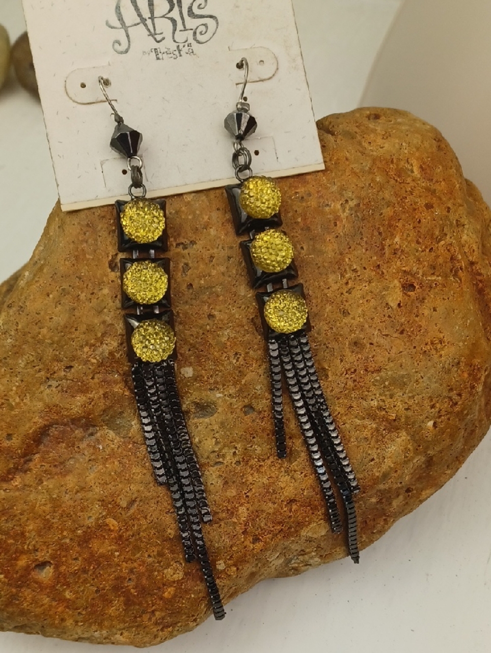 Chartreuse-Yellow Gold Sparkly Gems & Gunmetal Dangle Fringe Earrings So Cool!